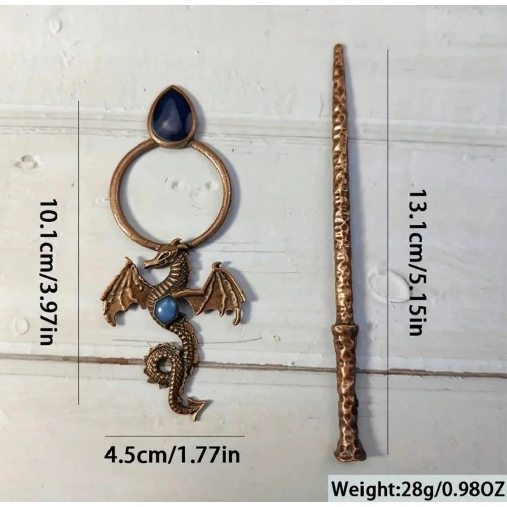 Retro Dragon Hair Slide Stick Set Bronze Blue Stone Gothic Fantasy Hair Clip
